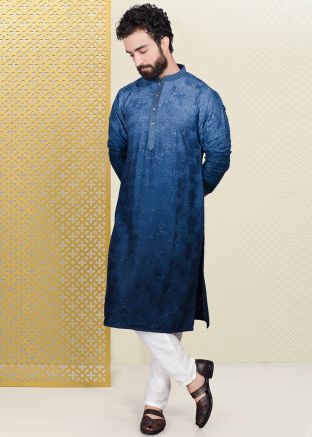 Blue Embroidered Kurta Pajama In Chanderi