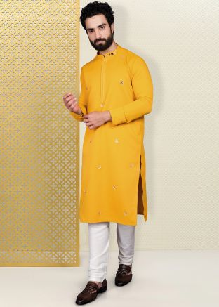 Yellow Embroidered Silk Kurta Pajama
