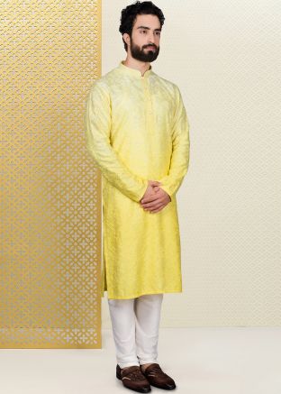Yellow Embroidered Kurta Pajama In Chanderi