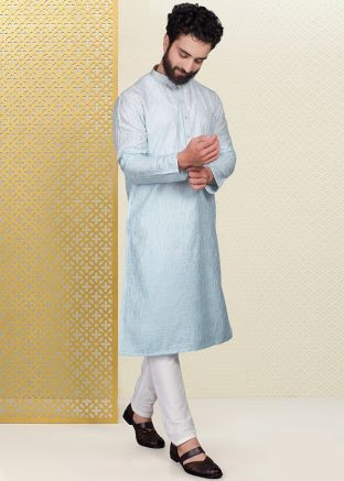 Blue Embroidered Kurta Pajama In Chanderi