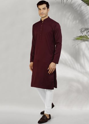 Wine Mens Kurta Pajama In Art Silk