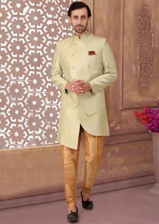 Green Woven Indo Western Sherwani