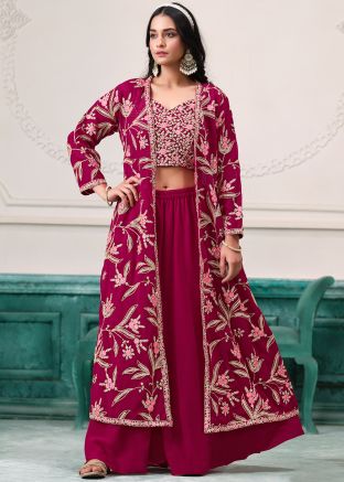 Pink Embroidered Top Bottom Set With Jacket