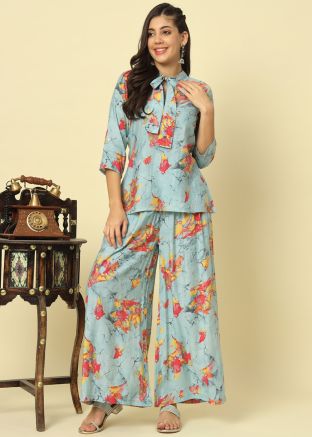 Blue Printed Co-ord Set In Silk