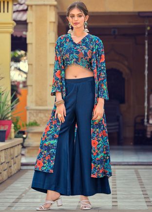 Teal Blue Printed Top Bottom Set In Silk