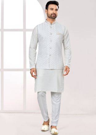 White Readymade Mens Nehru Jacket & Kurta Pajama In Dupion Silk