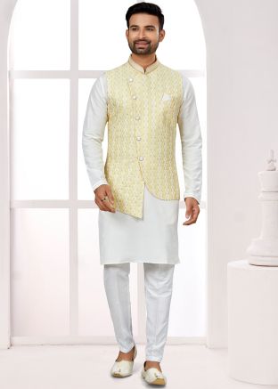 White Readymade Dupion Silk Mens Kurta Pajama With Nehru Jacket 