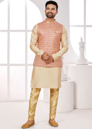 Cream Readymade Dupion Silk Mens Nehru Jacket & Kurta Pajama 