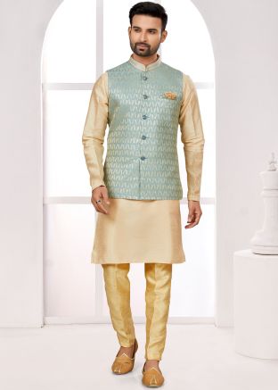 Readymade Dupion Silk Mens Nehru Jacket & Kurta Pajama In Cream