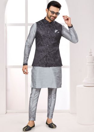 Readymade Dupion Silk Mens Nehru Jacket & Kurta Pajama In Grey