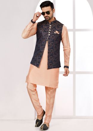 Readymade Dupion Silk Mens Kurta Pajama & Nehru Jacket In Peach