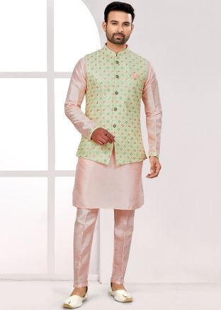 Pink Readymade Dupion Silk Mens Nehru Jacket & Kurta Pajama