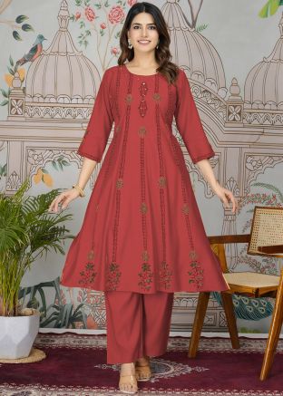 Red Printed Viscose Kurta Set