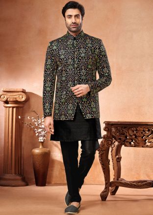 Black Embroidered Kurta Pajama With Jacket