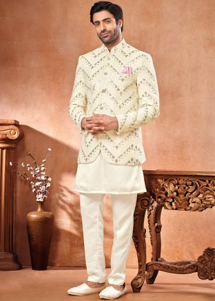 Cream Embroidered Kurta Pajama With Jacket