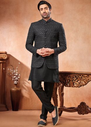 Black Embroidered Kurta Pajama With Jacket