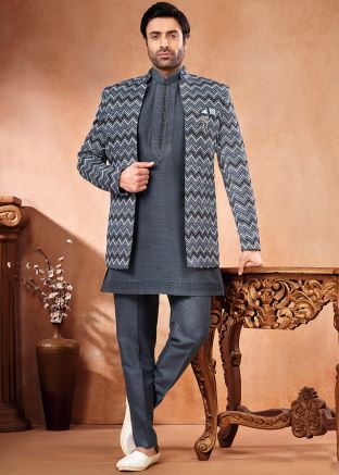 Grey Embroidered Kurta Pajama With Jacket