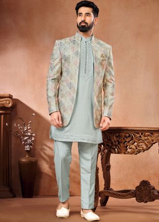 Grey Embroidered Kurta Pajama With Jacket