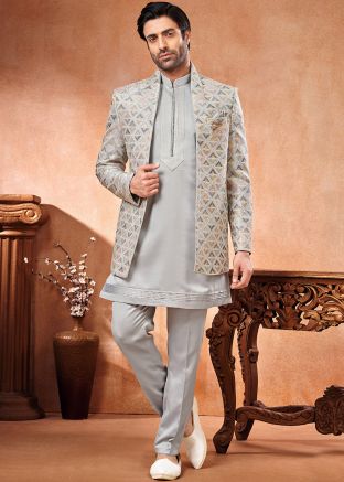 Grey Embroidered Kurta Pajama With Jacket