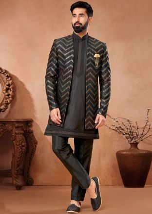 Black Embroidered Kurta Pajama With Jacket