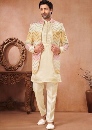 Cream Embroidered Kurta Pajama With Jacket