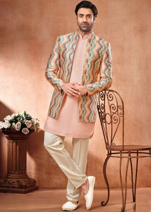 Peach Embroidered Kurta Pajama With Jacket