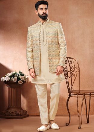 Cream Embroidered Kurta Pajama With Jacket