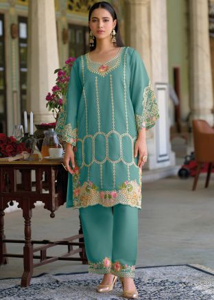 Blue Cut Work Art Silk Kurta Set