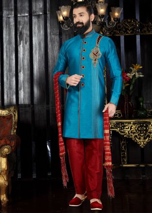 Readymade Blue Art Silk Sherwani with Stole