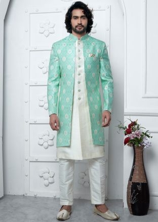 Off White Woven Readymade Mens Jacket Style Jacquard Sherwani