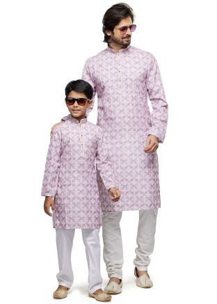 Pink Father Son Digital Printed Kurta Pajama In Cotton
