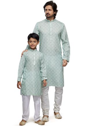 Light Green Father Son Cotton Kurta Pajama In Digital Print