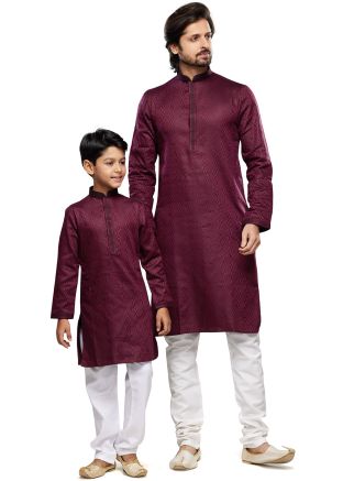 Readymade Art Silk Father Son Kurta Pajama In Maroon
