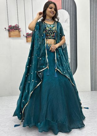 Teal Blue Embroidered Skirt Set Wit Jacket