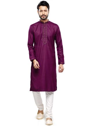 Purple Embroidered Kurta Pajama In Art Silk