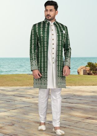 Green Embroidered Jacket Style Indo Western Sherwani