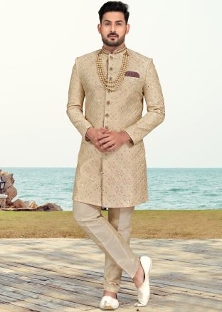 Beige Embroidered Indo Western Sherwani