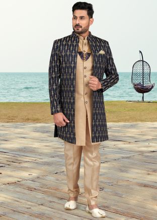 Blue Embroidered Jacket Style Indo Western Sherwani