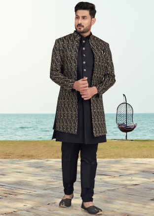 Black Embroidered Jacket Style Indo Western Sherwani