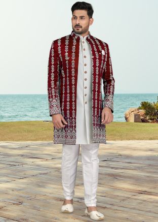 Red Embroidered Jacket Style Indo Western Sherwani