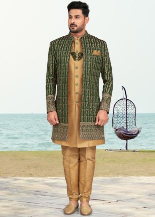 Green Embroidered Jacket Style Indo Western Sherwani