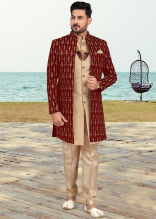 Red Embroidered Jacket Style Indo Western Sherwani