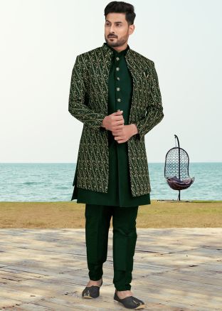 Green Embroidered Jacket Style Indo Western Sherwani