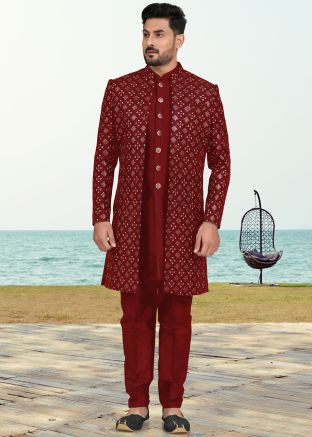 Red Embroidered Jacket Style Indo Western Sherwani