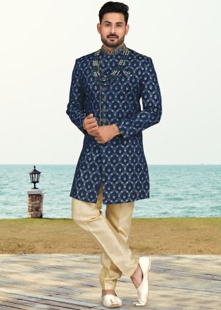 Blue Embroidered Indo Western Sherwani