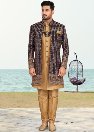 Blue Embroidered Jacket Style Indo Western Sherwani