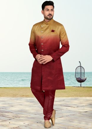 Shaded Maroon & Golden Mens Indo Western Sherwani