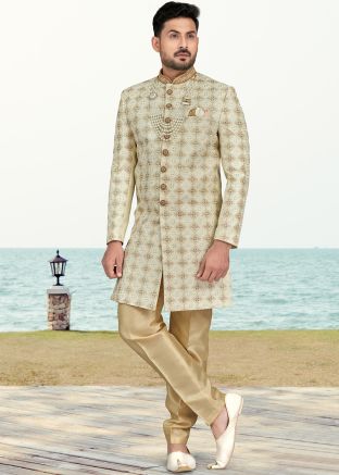 Mens Cream Embroidered Indo Western Sherwani