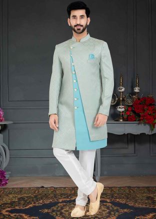 Blue Woven Indo Western Sherwani In Dupion Silk