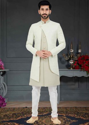Grey Woven Indo Western Sherwani In Dupion Silk